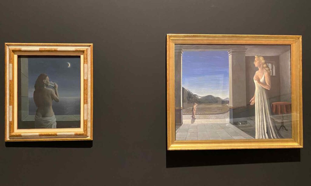 René Magritte, Les Profondeurs du plaisir, 1947, collection particulière et Paul Delvaux, L'Aube, 1943, collection particulière